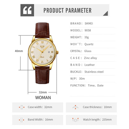 SKMEI 9058 Multifunctional Outdoor Fashion Waterproof Gold Shell Quartz Wrist Watch, Women Style Black Face Black Strap, Women Style Silver Face Brown Strap, Women Style Gold Face Brown Strap, Men Style Silver Face Brown Strap...