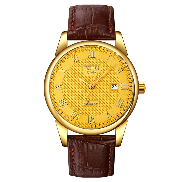 SKMEI 9058 Multifunctional Outdoor Fashion Waterproof Gold Shell Quartz Wrist Watch, Women Style Black Face Black Strap, Women Style Silver Face Brown Strap, Women Style Gold Face Brown Strap, Men Style Silver Face Brown Strap...