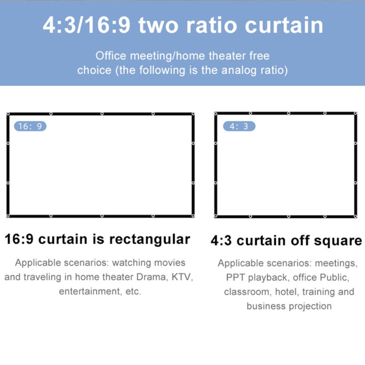 Folding Milk Silk Polyester Projector Film Curtain, 60 inch (16:9) Projection Area: 133 x 75cm, 60 inch (4:3) Projection Area: 120 x 90cm, 72 inch (16:9) Projection Area: 159 x 90cm, 72 inch (4:3) Projection Area: 146 x 110cm