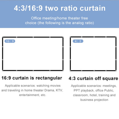 Folding Milk Silk Polyester Projector Film Curtain, 60 inch (16:9) Projection Area: 133 x 75cm, 60 inch (4:3) Projection Area: 120 x 90cm, 72 inch (16:9) Projection Area: 159 x 90cm, 72 inch (4:3) Projection Area: 146 x 110cm