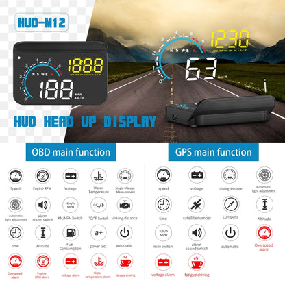 M12 OBD2 + GPS Mode Car Head-up Display HUD Overspeed / Speed / Water Temperature / Low Voltage / Fault Alarm, M12