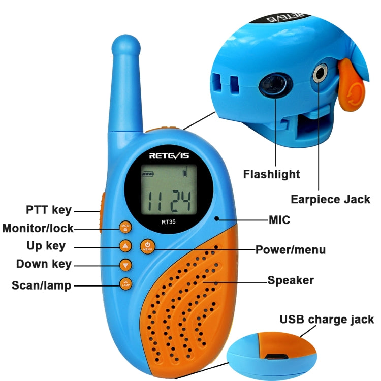 1 Pair RETEVIS RT-35 0.5W US Frequency 462.550-467.7125MHz 22CHS Children Handheld Walkie Talkie, RT-35,US Frequency(Blue), RT-35,US Frequency(Black)