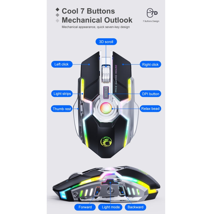 iMICE G7 Colorful Streamer Lights Rechargeable Silent Wireless Mouse, G7(Black)