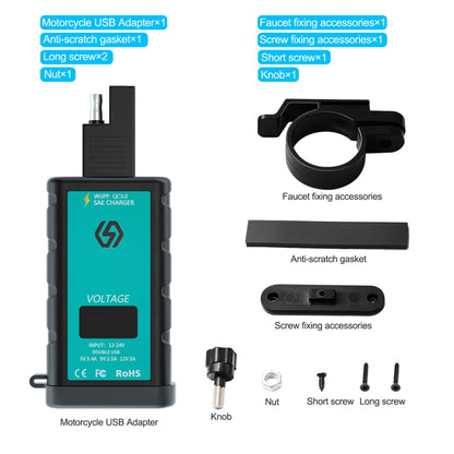 WUPP ZH-1422A1 DC12-24V Motorcycle Square Dual USB Fast Charging Charger with Switch + Voltmeter + Integrated SAE Socket, ZH-1422A1