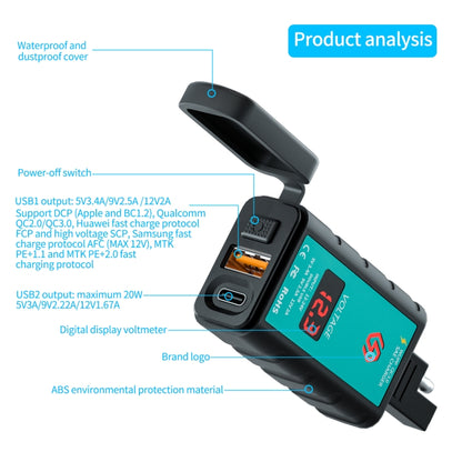 WUPP ZH-1422B2 DC12-24V Motorcycle Square Single USB + PD Fast Charging Charger with Switch + Voltmeter + Integrated SAE Socket + 1m SAE Socket Cable, ZH-1422B2