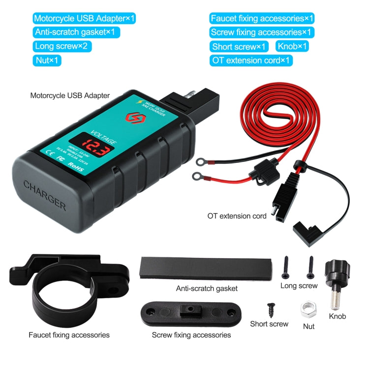 WUPP ZH-1422B3 DC12-24V Motorcycle Square Single USB + PD Fast Charging Charger with Switch + Voltmeter + Integrated SAE Socket + 1.4m OT Terminal Cable, ZH-1422B3