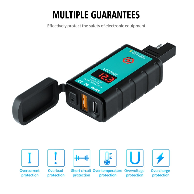 WUPP ZH-1422B3 DC12-24V Motorcycle Square Single USB + PD Fast Charging Charger with Switch + Voltmeter + Integrated SAE Socket + 1.4m OT Terminal Cable, ZH-1422B3