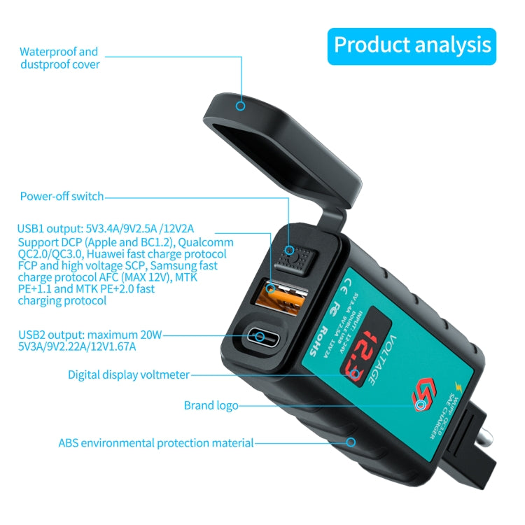 WUPP ZH-1422B3 DC12-24V Motorcycle Square Single USB + PD Fast Charging Charger with Switch + Voltmeter + Integrated SAE Socket + 1.4m OT Terminal Cable, ZH-1422B3