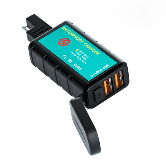 WUPP ZH-1422C1 Motorcycle Square Dual USB Fast Charging Charger with Switch + Integrated SAE Socket, ZH-1422C1