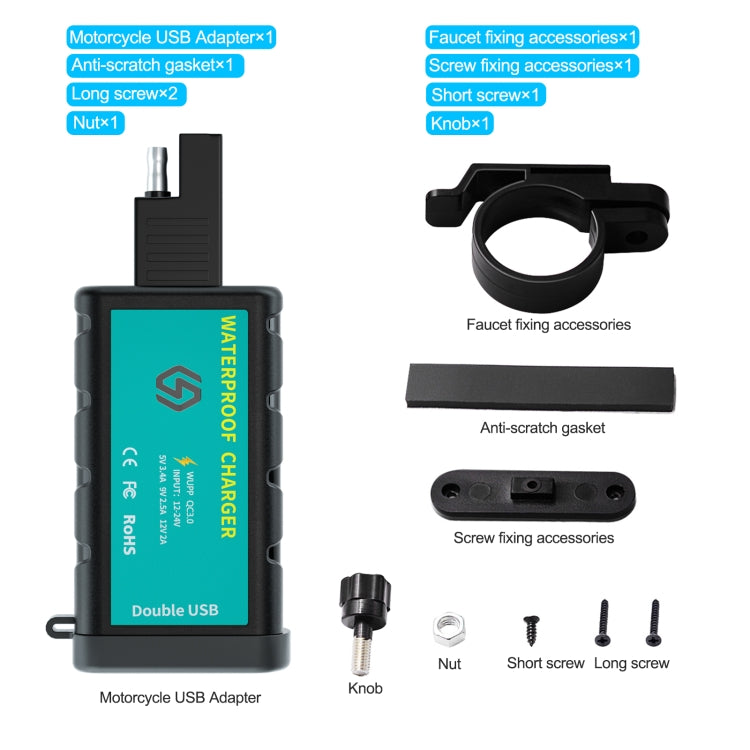 WUPP ZH-1422C1 Motorcycle Square Dual USB Fast Charging Charger with Switch + Integrated SAE Socket, ZH-1422C1