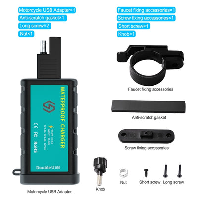 WUPP ZH-1422C1 Motorcycle Square Dual USB Fast Charging Charger with Switch + Integrated SAE Socket, ZH-1422C1