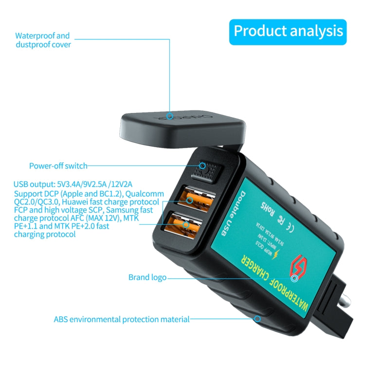 WUPP ZH-1422C1 Motorcycle Square Dual USB Fast Charging Charger with Switch + Integrated SAE Socket, ZH-1422C1