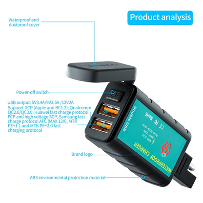 WUPP ZH-1422C1 Motorcycle Square Dual USB Fast Charging Charger with Switch + Integrated SAE Socket, ZH-1422C1
