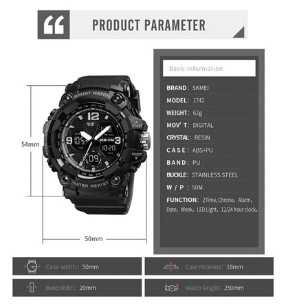 SKMEI 1742 Four-screen LED Digital Display Luminous Sports Shockproof Electronic Watch for Men