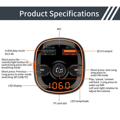BC52 QC3.0 Fast Charging Car Colorful Atmosphere Light Bluetooth MP3 Player FM Transmitter, BC52