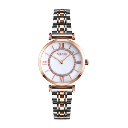SKMEI 9198 Simple Roman Numeral Dial Metal Belt Quartz Watch for Couples