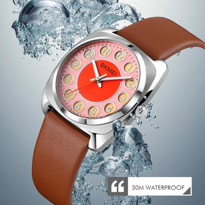 SKMEI Q029 Ladies Phone Number Pattern Dial Leather Strap Quartz Watch