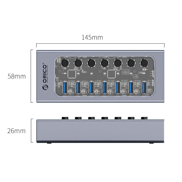 ORICO AT2U3-7AB-GY-BP 7 In 1 Aluminum Alloy Multi-Port USB HUB with Individual Switches, 7AB