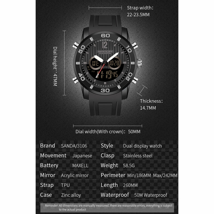 SANDA 3106 Dual Digital Display Men Outdoor Sports Luminous Shockproof Electronic Watch