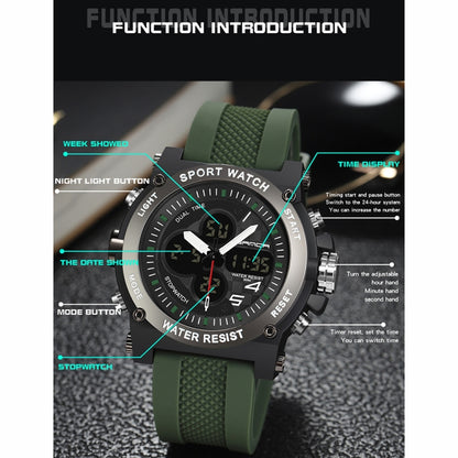 SANDA 3107 Dual Digital Display Luminous Alarm Clock Men Outdoor Sports Electronic Watch