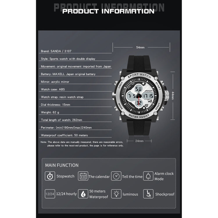 SANDA 3107 Dual Digital Display Luminous Alarm Clock Men Outdoor Sports Electronic Watch