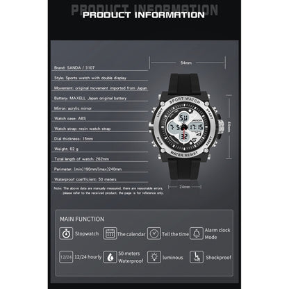 SANDA 3107 Dual Digital Display Luminous Alarm Clock Men Outdoor Sports Electronic Watch