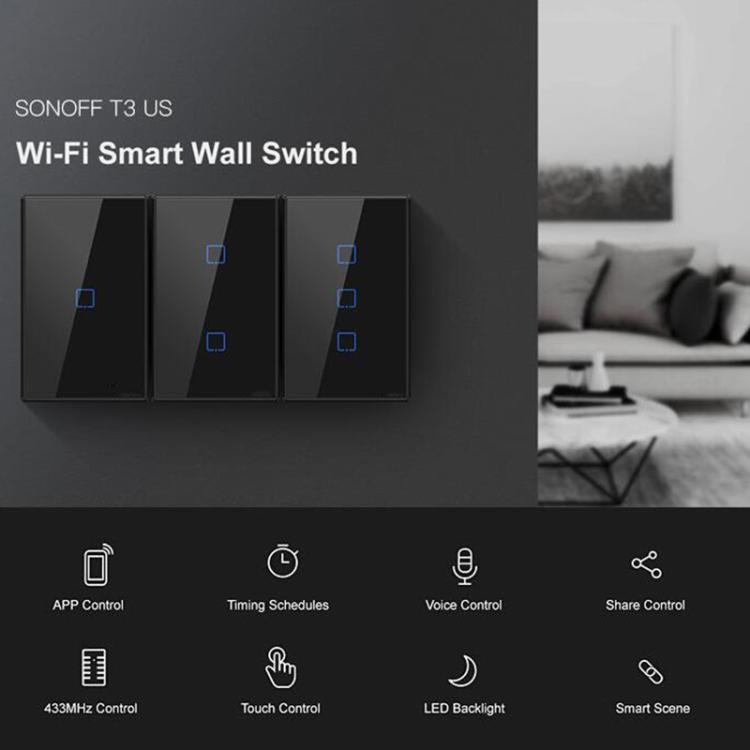 T3 US-TX 433 RF WIFI Smart Remote Control Wall Touch Switch, US Plug, Style:Three Buttons, Single Button, Double Buttons, Three Buttons
