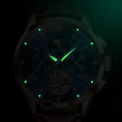 OLEVS 9912 Hollow Flywheel Week Calendar Dial Luminous Mechanical Watch for Men