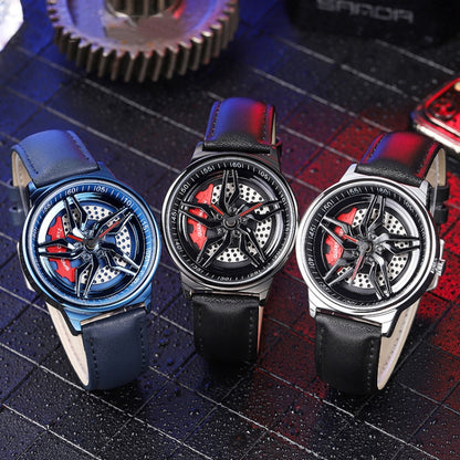 SANDA 1062 360 Degree Hollow Spinning Dial Leather Strap Quartz Watch for Men, 1062 Leather Strap