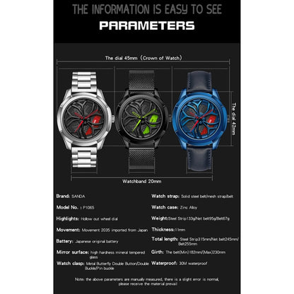 SANDA 1065 3D Hollow Out Wheel Non-rotatable Dial Quartz Watch for Men, Steel Belt, Leather Belt, Mesh Belt