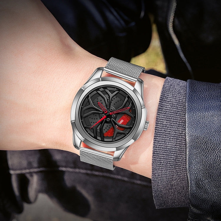 SANDA 1065 3D Hollow Out Wheel Non-rotatable Dial Quartz Watch for Men, Steel Belt, Leather Belt, Mesh Belt
