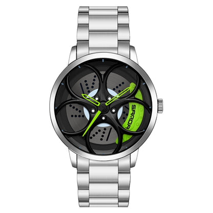 SANDA 1070 3D Oval Hollow Out Wheel Non-rotatable Dial Quartz Watch for Men, Steel Belt, Leather Belt, Mesh Belt