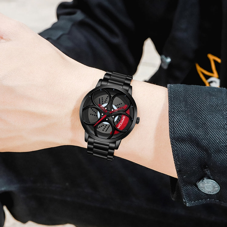 SANDA 1070 3D Oval Hollow Out Wheel Non-rotatable Dial Quartz Watch for Men, Steel Belt, Leather Belt, Mesh Belt