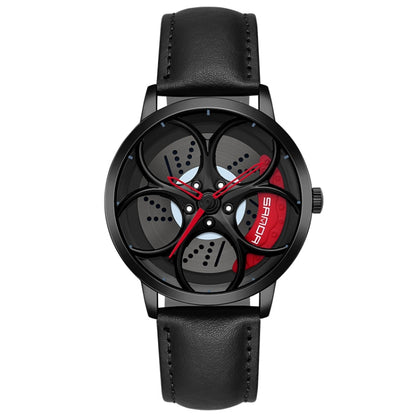 SANDA 1070 3D Oval Hollow Out Wheel Non-rotatable Dial Quartz Watch for Men, Steel Belt, Leather Belt, Mesh Belt