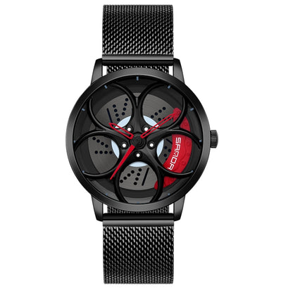 SANDA 1070 3D Oval Hollow Out Wheel Non-rotatable Dial Quartz Watch for Men, Steel Belt, Leather Belt, Mesh Belt