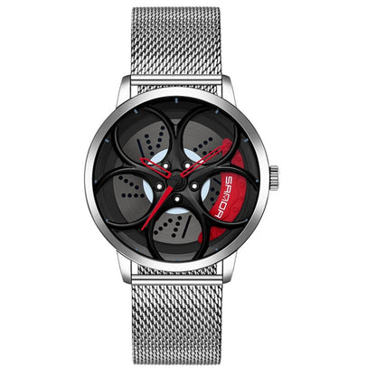 SANDA 1070 3D Oval Hollow Out Wheel Non-rotatable Dial Quartz Watch for Men, Steel Belt, Leather Belt, Mesh Belt