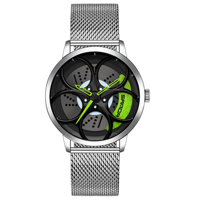 SANDA 1070 3D Oval Hollow Out Wheel Non-rotatable Dial Quartz Watch for Men, Steel Belt, Leather Belt, Mesh Belt