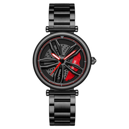 SANDA 1074 3D Hollow Out Wheel Non-rotatable Dial Quartz Watch for Women, Steel Belt, Leather Belt, Mesh Belt