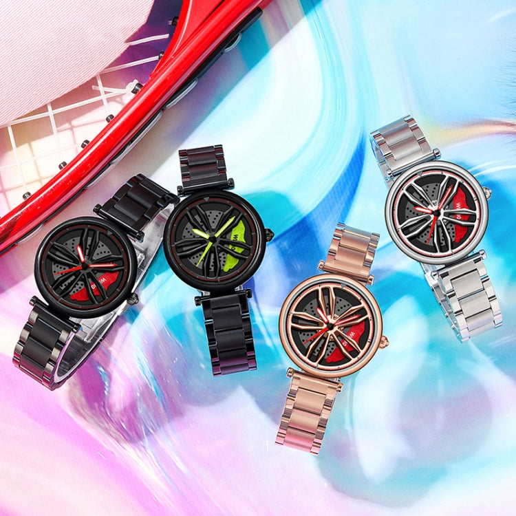 SANDA 1074 3D Hollow Out Wheel Non-rotatable Dial Quartz Watch for Women, Steel Belt, Leather Belt, Mesh Belt
