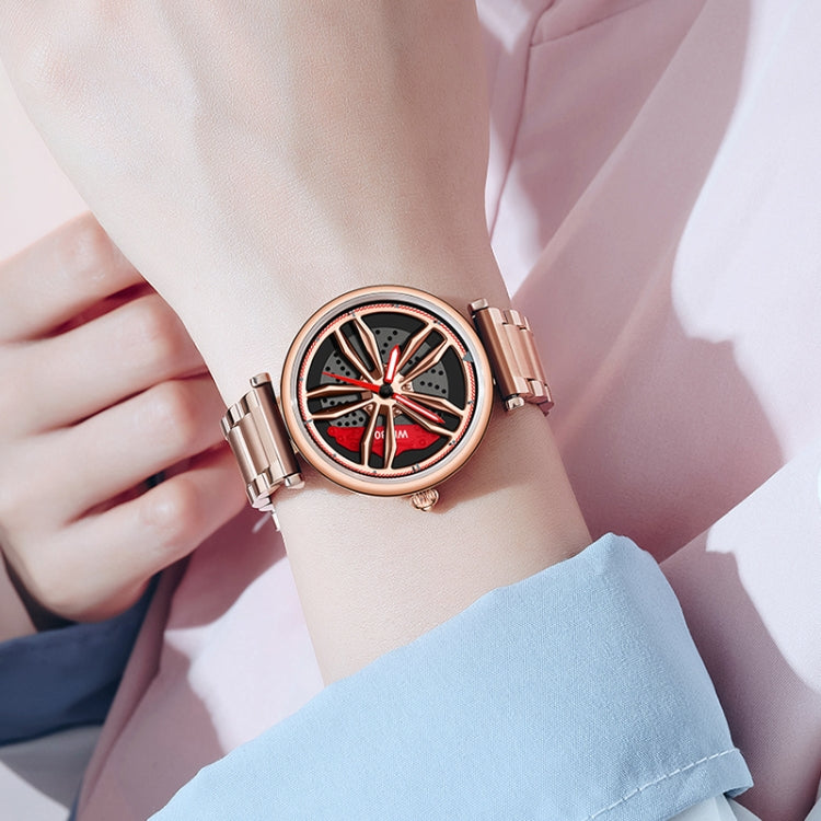 SANDA 1074 3D Hollow Out Wheel Non-rotatable Dial Quartz Watch for Women, Steel Belt, Leather Belt, Mesh Belt