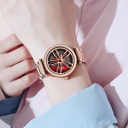 SANDA 1074 3D Hollow Out Wheel Non-rotatable Dial Quartz Watch for Women, Steel Belt, Leather Belt, Mesh Belt
