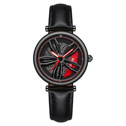 SANDA 1074 3D Hollow Out Wheel Non-rotatable Dial Quartz Watch for Women, Steel Belt, Leather Belt, Mesh Belt