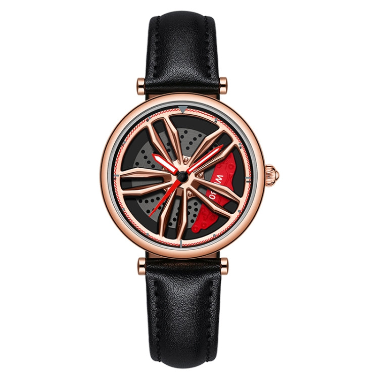SANDA 1074 3D Hollow Out Wheel Non-rotatable Dial Quartz Watch for Women, Steel Belt, Leather Belt, Mesh Belt