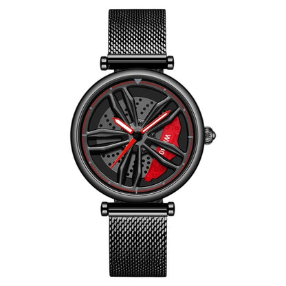 SANDA 1074 3D Hollow Out Wheel Non-rotatable Dial Quartz Watch for Women, Steel Belt, Leather Belt, Mesh Belt