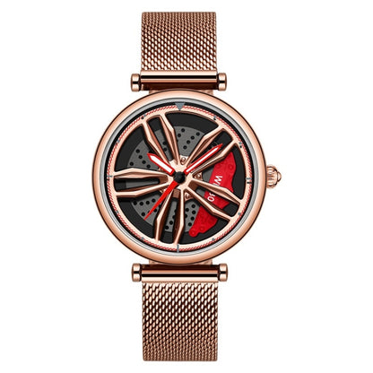 SANDA 1074 3D Hollow Out Wheel Non-rotatable Dial Quartz Watch for Women, Steel Belt, Leather Belt, Mesh Belt
