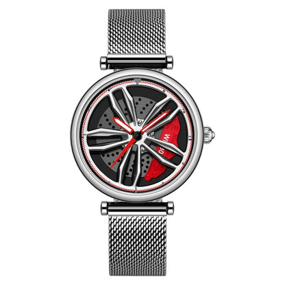 SANDA 1074 3D Hollow Out Wheel Non-rotatable Dial Quartz Watch for Women, Steel Belt, Leather Belt, Mesh Belt