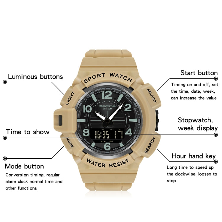 SANDA 3101 Dual Time Dispay Dial Luminous Timer Alarm Clock Electronic Watch for Men