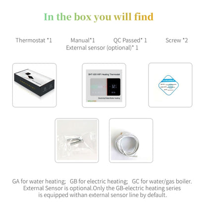 BHT-005-GA 220V AC 3A Smart Home Heating Thermostat for EU Box, Control Water Heating with Only Internal Sensor, BHT-005-GA