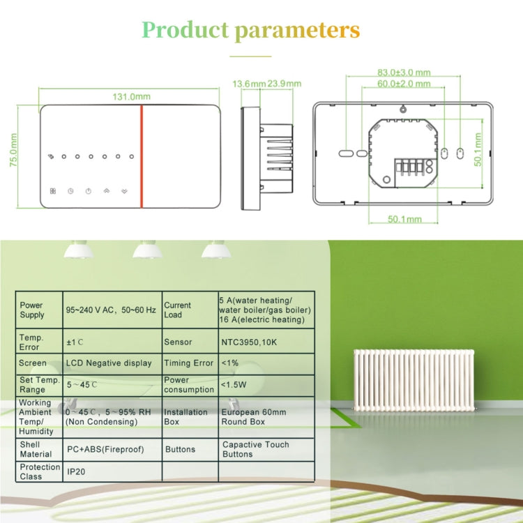 BHT-005-GB 220V AC 16A Smart Home Heating Thermostat for EU Box, Control Electric Heating with Only Internal Sensor, BHT-005-GB