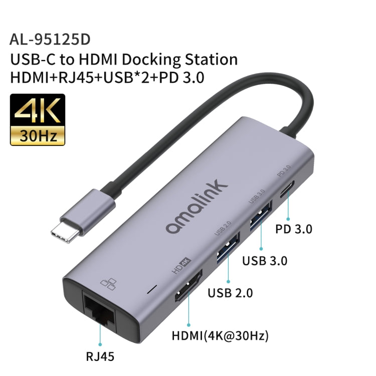 amalink 95125D Type-C / USB-C to HDMI + RJ45 + 2 Ports USB + PD 3.0 Multi-function HUB, 95125D